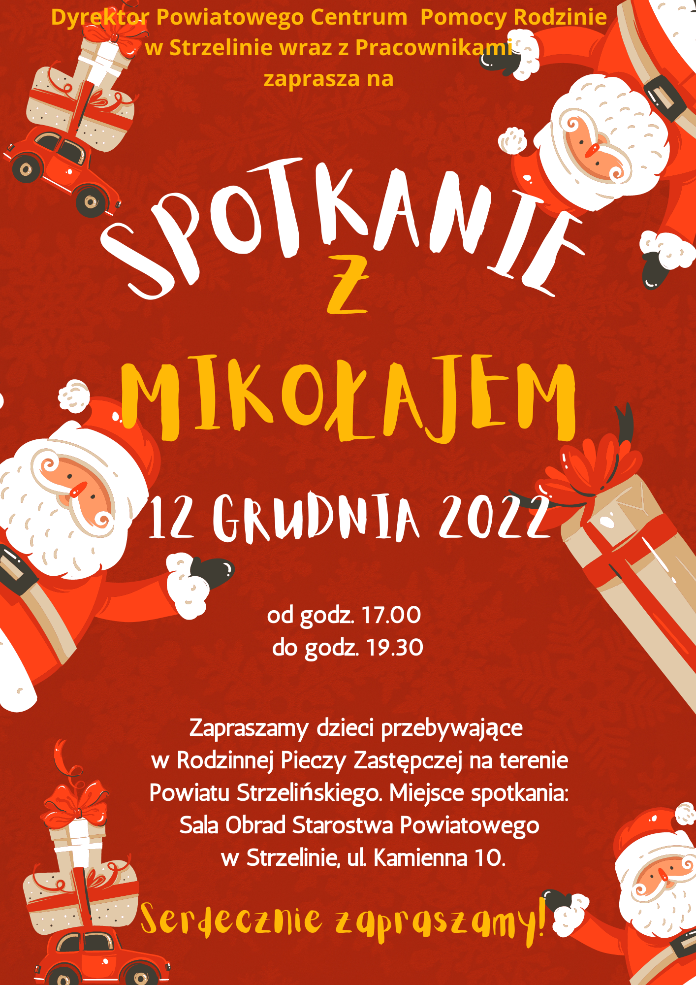 Plakat promujący Spotkanie z Mikołajem w dniu 17 grudnia 2022 roku