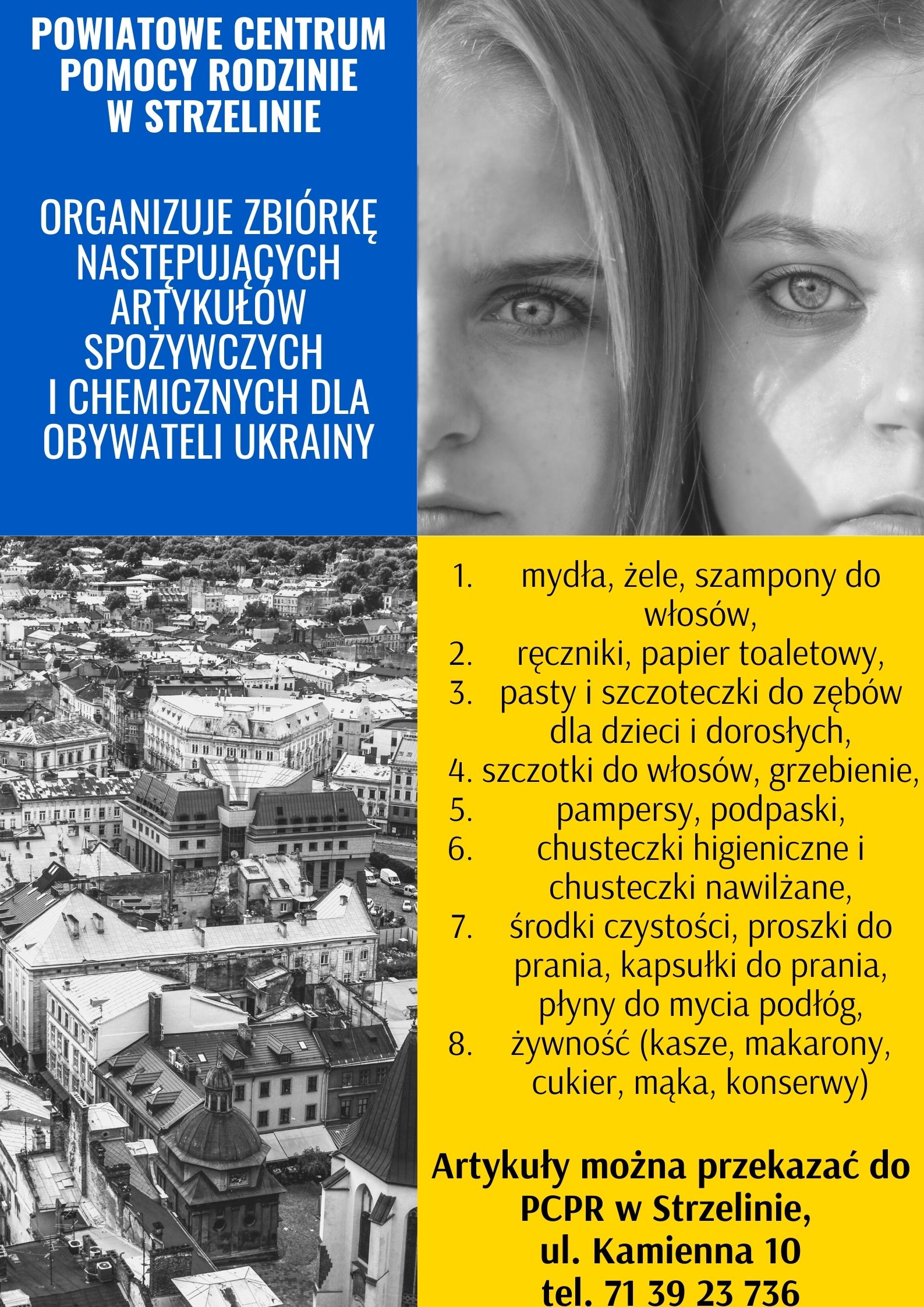 Plakat dotyczący zbiórki artykułów spożywczych i chemicznych dla obywateli Ukrainy