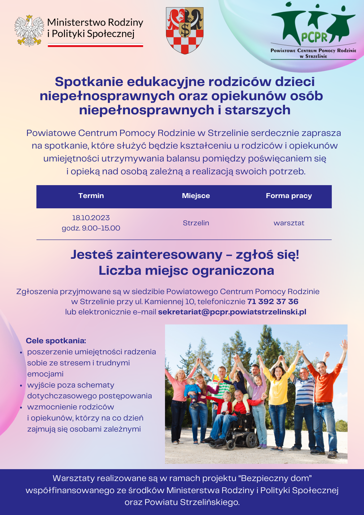 Plakat promujący warsztaty dla rodziców i opiekunów dzieci i dorosłych niepełnosprawnych