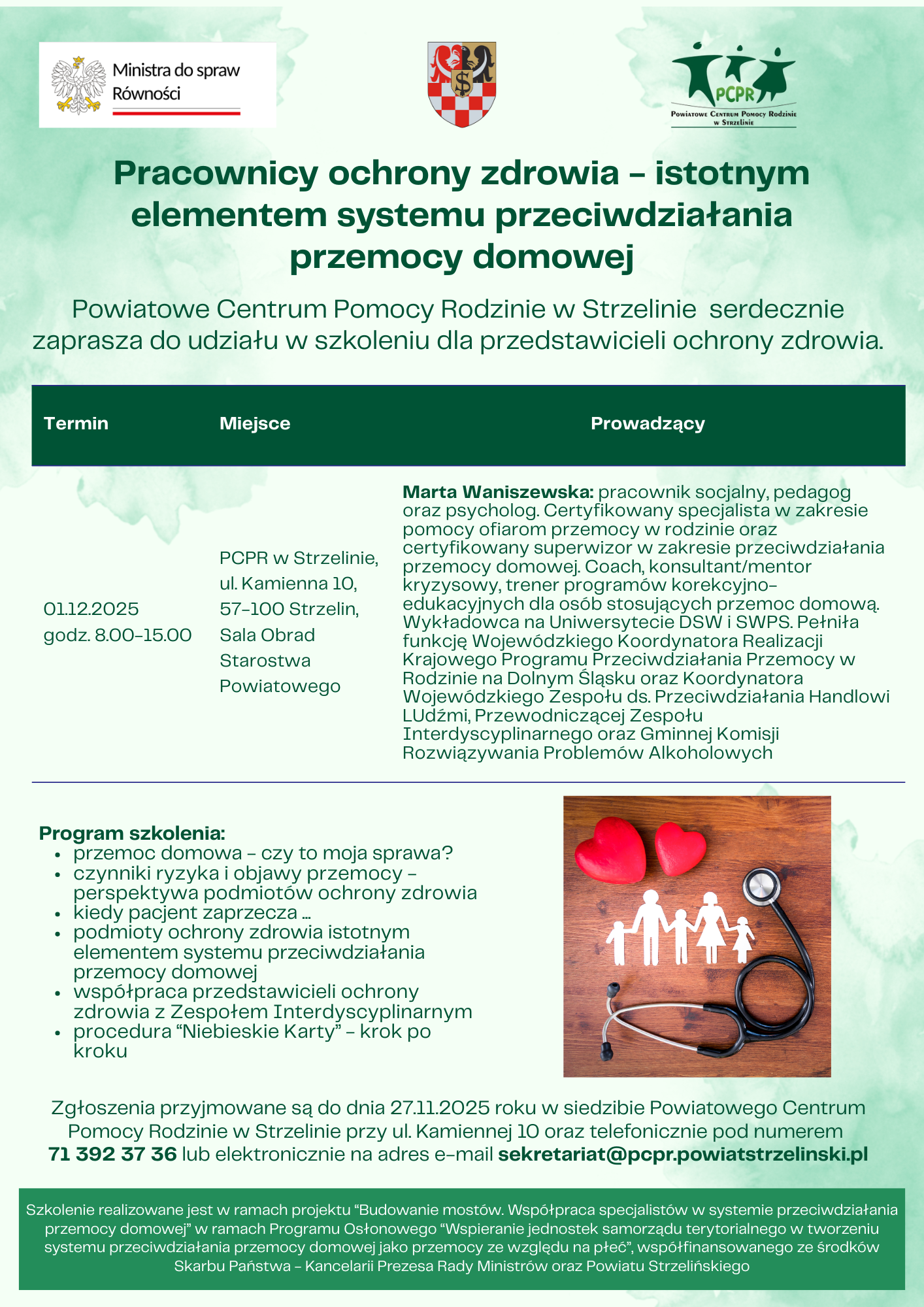 Plakat informacyjny Pracownicy ochrony zdrowia istotnym elementem systemu przeciwdziałania przemocy domowej