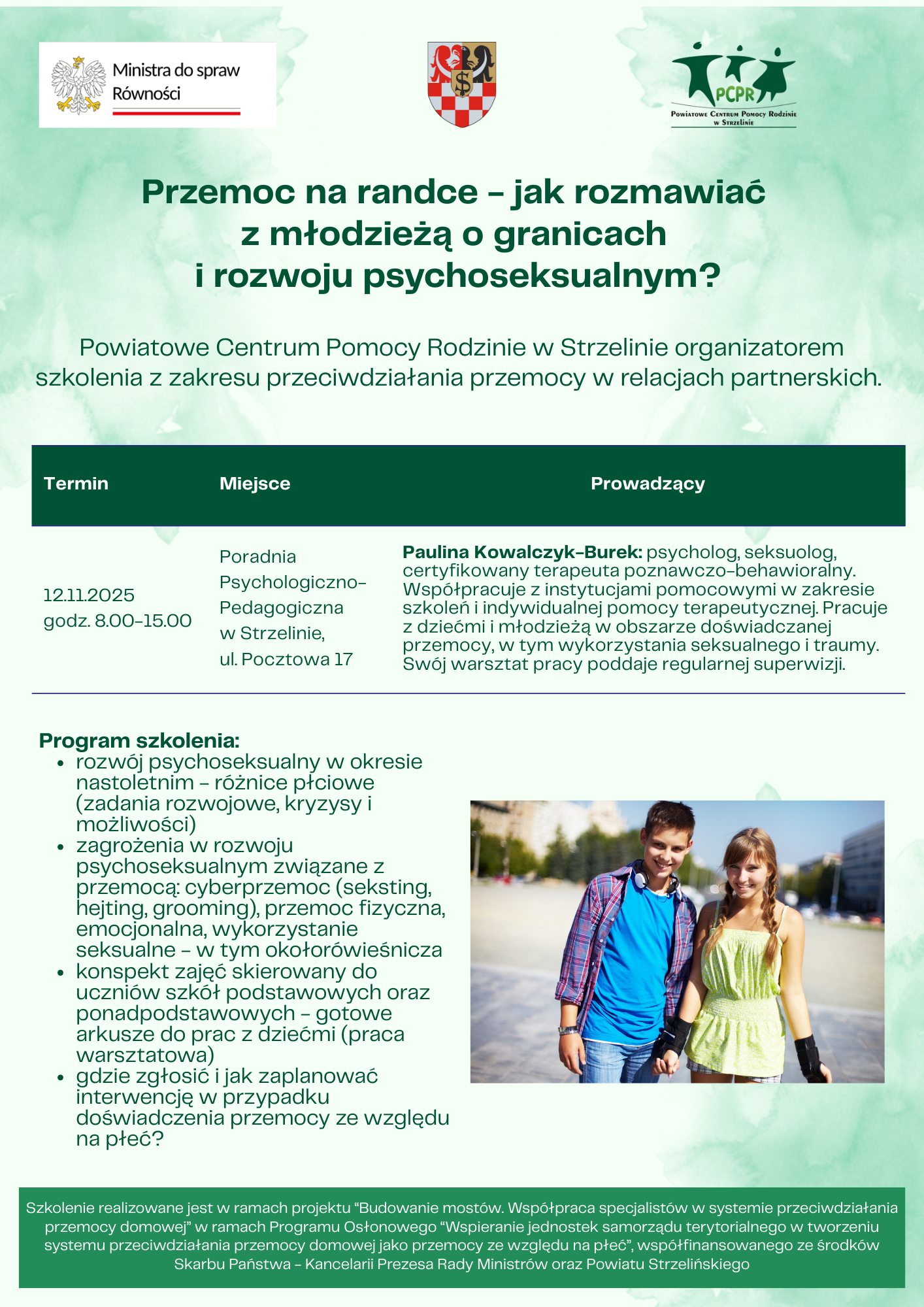 Plakat informacyjny Przemoc na randce jak rozmawiać z młodzieżą o granicach i rozwoju psychoseksualnym