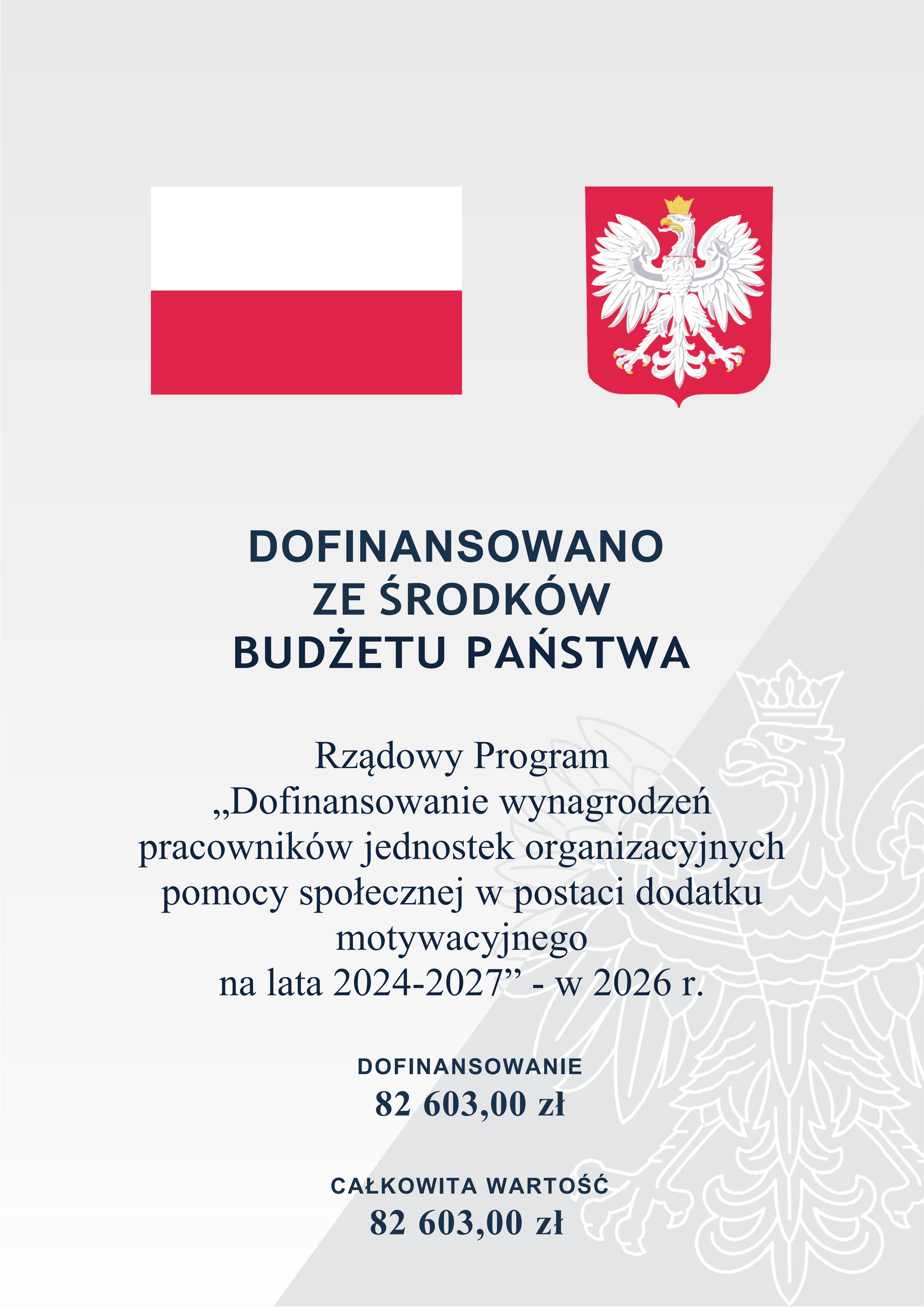 plakat informacyjny „Dofinansowanie wynagrodzeń pracowników jednostek organizacyjnych pomocy społecznej w postaci dodatku motywacyjnego na lata 2024-2027”. - rok 2026