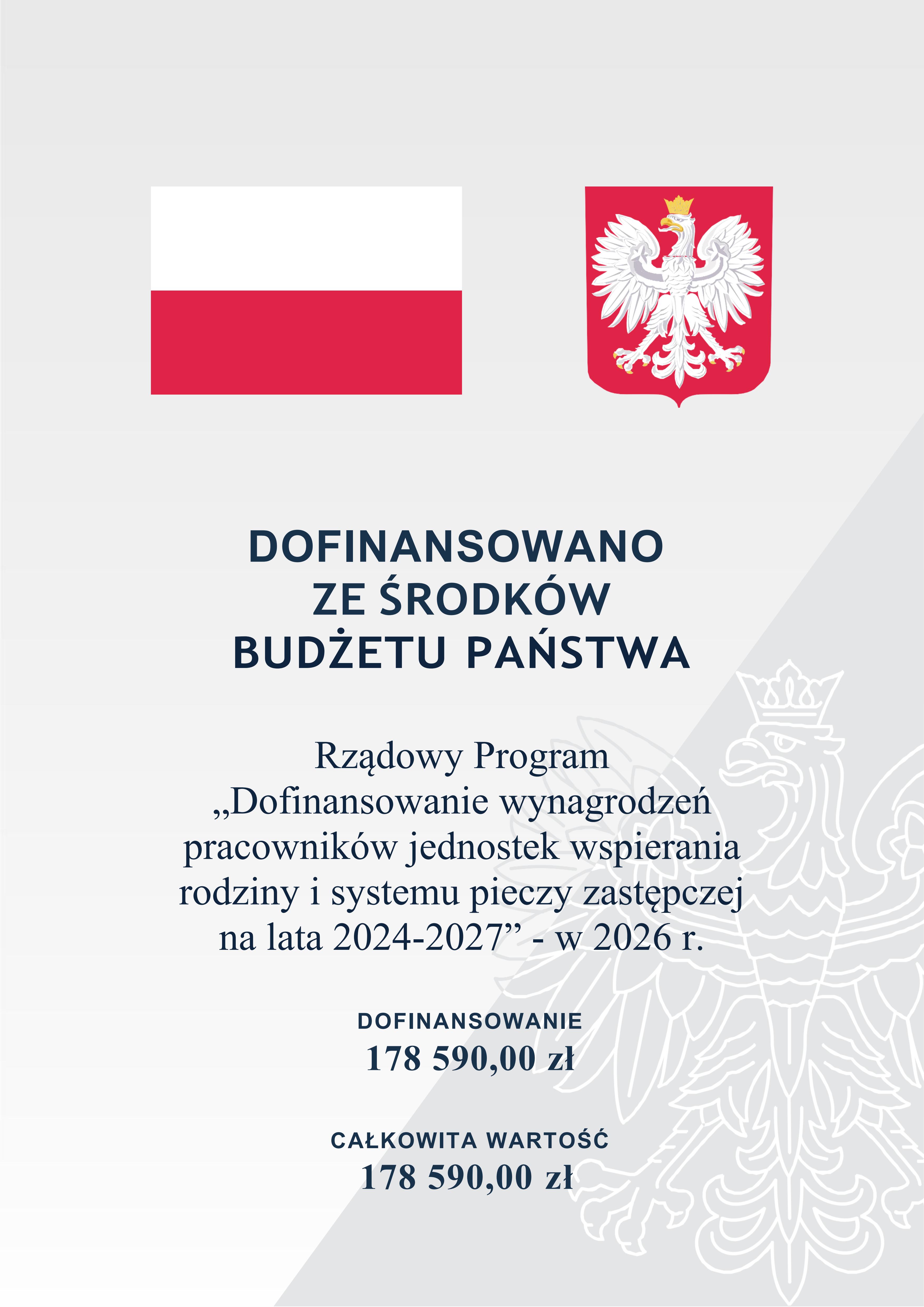 plakat informacyjny "Dofinansowanie wynagrodzeń pracowników jednostek wspierania rodziny i systemu pieczy zastępczej na lata 2024-2027”. - rok 2026