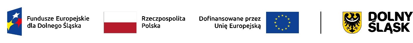 Logotypy: Fundusze Europejskie dla Dolnego śląska, Rezczpospolita Polska, Dofinansowane przez Unię Europejską, Dolny Śląsk